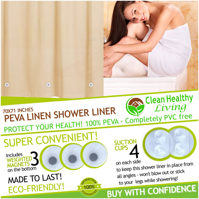 Clean Healthy Living Premium PEVA Taupe Shower Curtain Liner with Magnets & Suction Cups - 70 X 71 inches Long - NewNest Australia