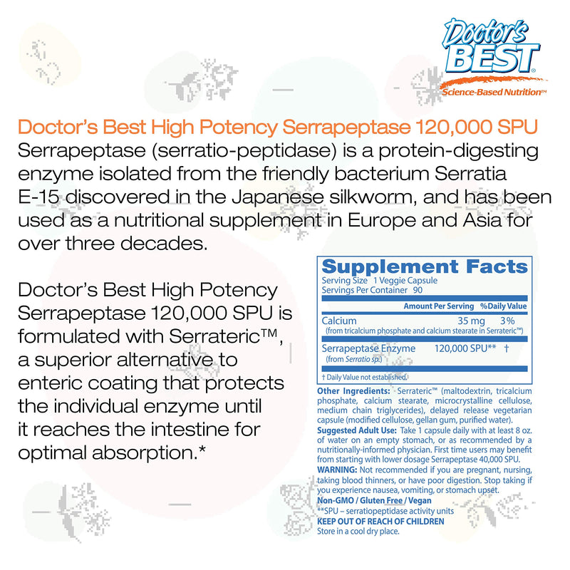 Doctor's Best High Potency Serrapeptase, Non-GMO, Gluten Free, Vegan, Supports Healthy Sinuses, 120,000 SPU, 90 Count - NewNest Australia