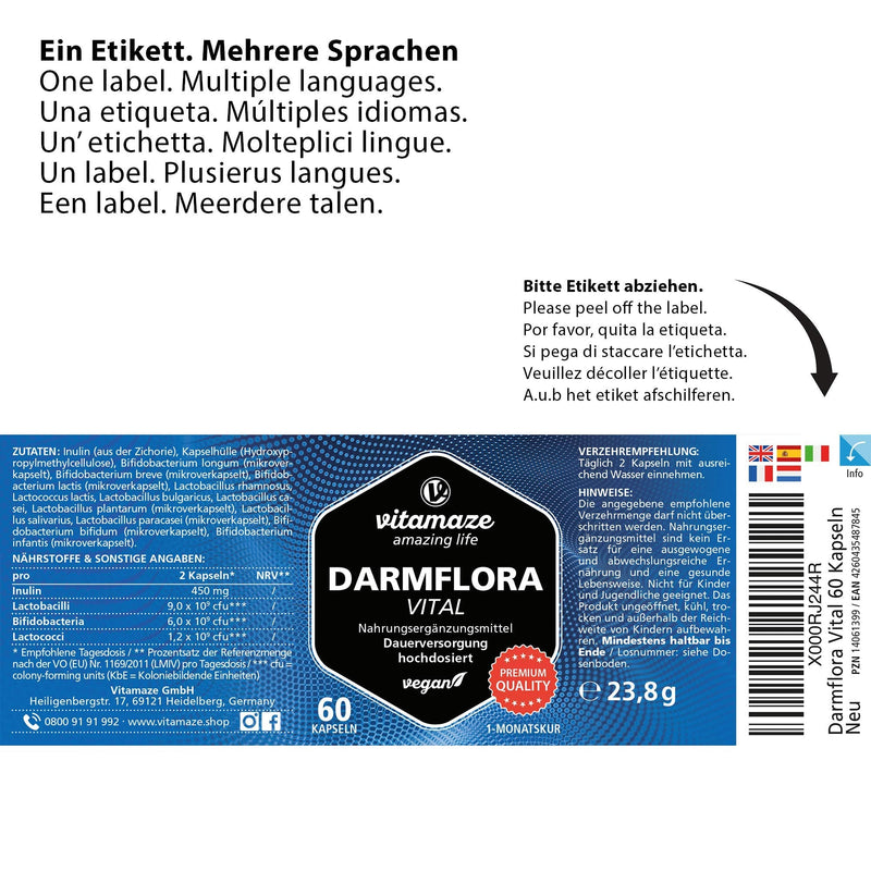 Darmflora Vital capsules, high dosage, enteric-resistant, 60 vegan capsules of probiotics for 1 month of intestinal treatment with 12 active intestinal bacterial cultures + inulin, 16.2 billion CFU per day, Made in Germany - NewNest Australia