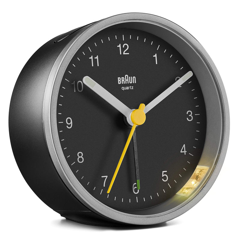 NewNest Australia - Braun Classic Analogue Alarm Clock with Snooze and Light, Quiet Quartz Movement, Crescendo Beep Alarm in Black and Silver, Model BC12SB. 