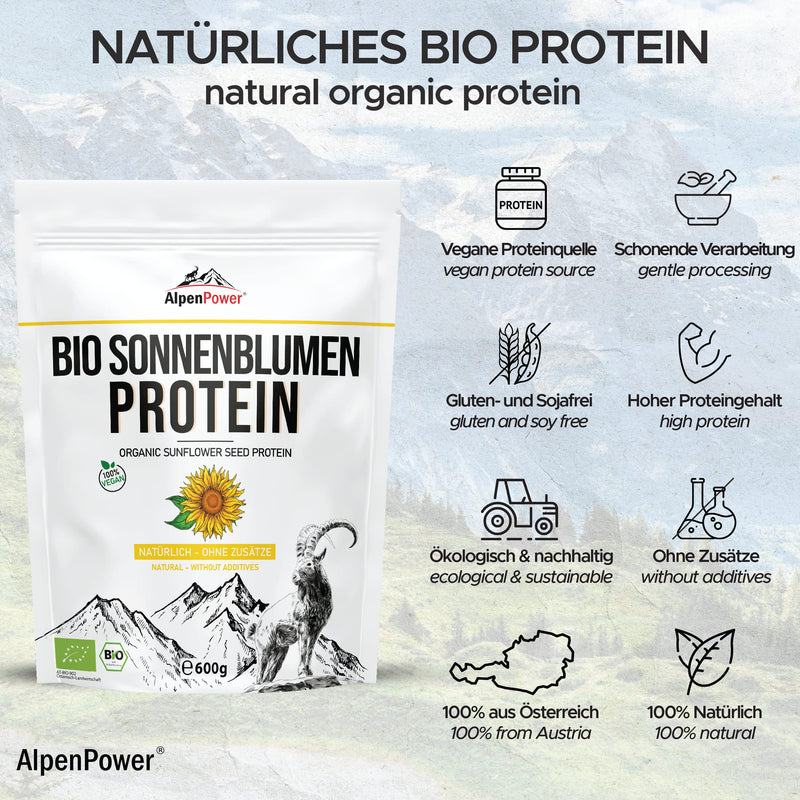 Alpenpower Organic Sunflower Protein From Austria, 600 G, 100% Pure Sunflower Protein Without Additives, Vegan & Low Carb, High-Quality Protein Powder, Versatile Use - NewNest Australia