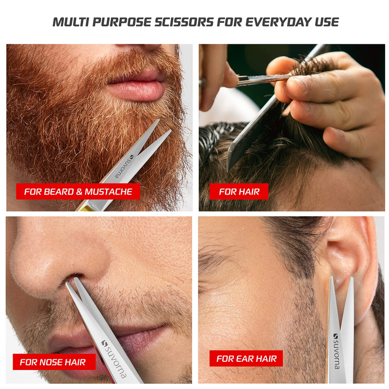 Suvorna Condor 5" Beard Scissors For Men, Moustache Scissors, Nose Hair, Facial & Body Hairdressing Scissors with tension adjustment. Razor Sharp, Serrated bottom edge cuts thickest of hairs easily. Polished Steel - NewNest Australia