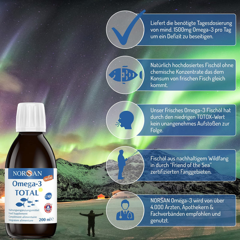 NORSAN Premium Omega 3 Fish Oil Total Lemon Online High Dose 200 ml / 2,000 mg Omega 3 per serving/Omega 3 Oil with EPA & DHA/Omega 3 Premium Oil with 800 IU Vitamin D3 200 ml (Pack of 1) - NewNest Australia