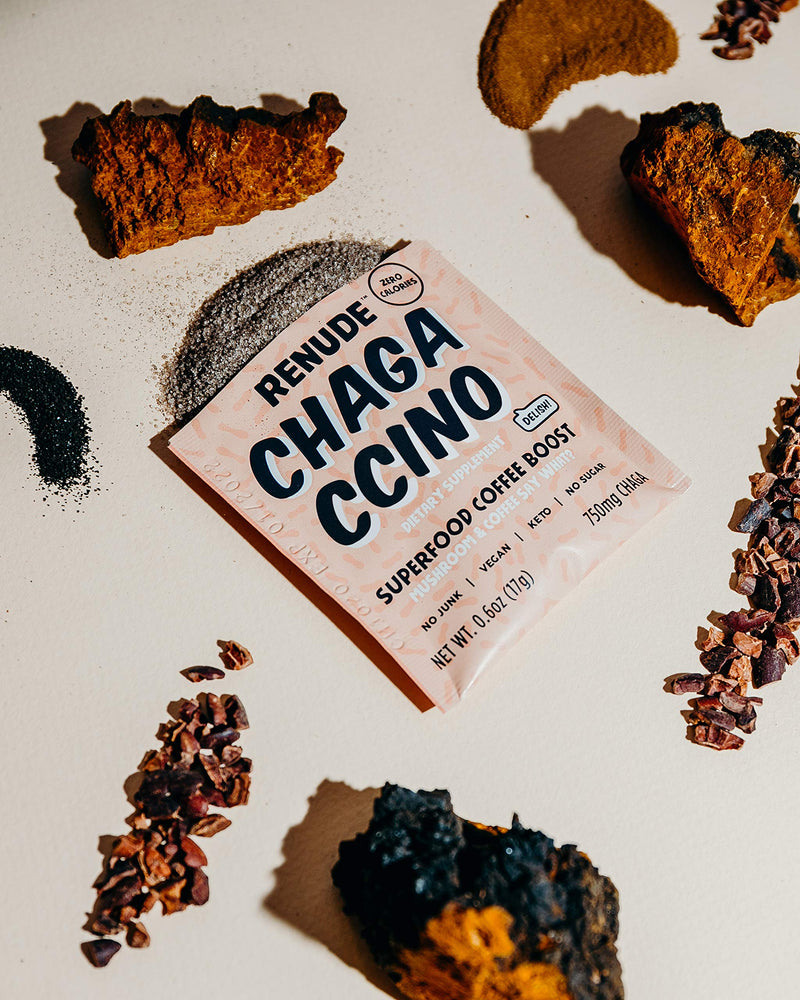 Chagaccino by Renude, Mushroom & Adaptogen Coffee Boost Powder with Wild Foraged Chaga, Cacao, Ceylon Cinnamon & Monk Fruit, Immune Support, Beauty & Brains, Vegan & Keto, 0 Calories, 10 Count of 17g - NewNest Australia