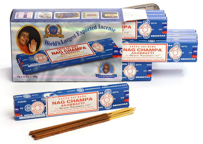 NewNest Australia - Satya Sai Baba Nag Champa Agarbatti Pack of 12 Incense Sticks Boxes 15gms Each Fine Quality Incense Sticks for Relaxation, Meditation, Positivity and Peace 15g*12=180g 