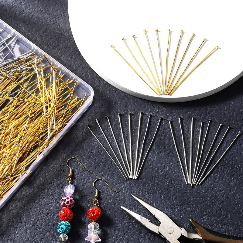 500 Pieces Flat Head Pins for Jewelry Making 2 Inch Straight Head Pins Metal End Headpins DIY Head Pin Findings with Plastic Box for Craft Earring Bracelet Necklace Pendant Supplies (Gold, Silver) Gold, Silver - NewNest Australia