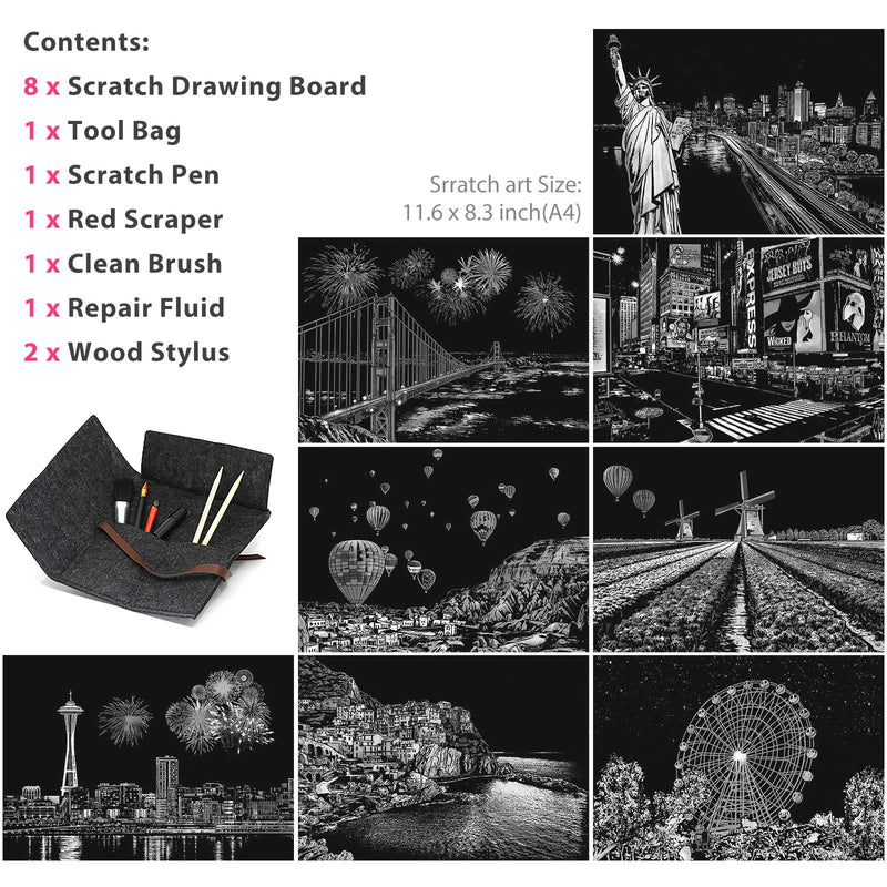 MIASTAR Scratch Painting Kits for Adults & Kids, Craft Art Set, Rainbow Scratch Painting Paper, Sketch Night View Scratchboard, 16'' x 11.2'' Creative Gift with 6 Tools kit (America / Europe) America / Europe - NewNest Australia