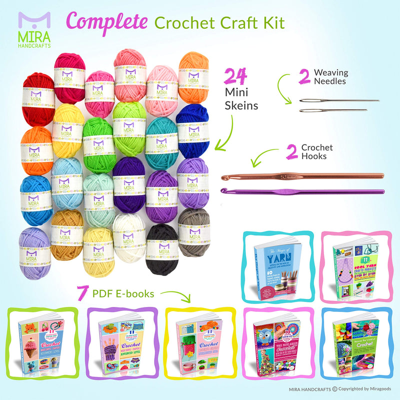 24 Acrylic Yarn Skeins | Total of 525 Yards Craft Yarn for Knitting and Crochet | Includes 2 Crochet Hooks, 2 Weaving Needles, 7 E-Books | DK Yarn | Perfect Beginner Kit | by Mira Handcrafts - NewNest Australia