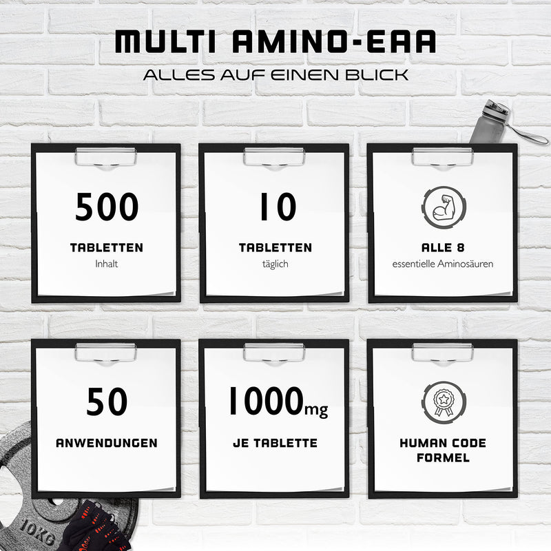 Multi Amino-EAA Pattern Code - 500 tablets with 1000 mg each - Human Code Formula - All 8 essential amino acids - From plant fermentation - High dosage - Vegan - NewNest Australia