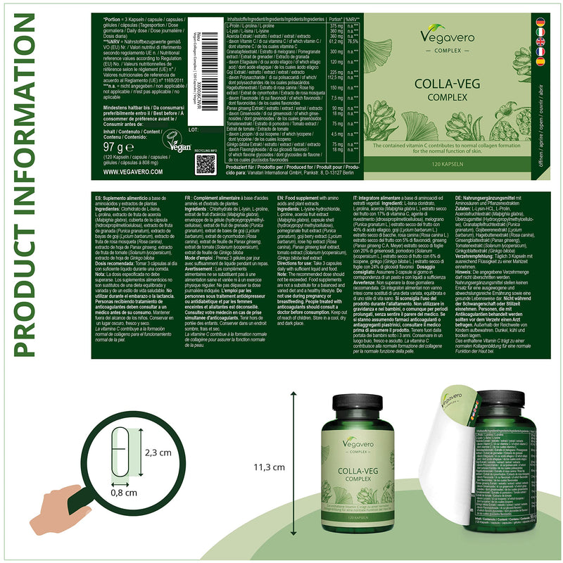 COLLAGEN Booster Vegavero | Vegan alternative to collagen capsules | Amino acids &amp; Acerola Vitamin C | With lycopene, ginseng, ginkgo, rose hip, goji &amp; pomegranate | 120 capsules - NewNest Australia