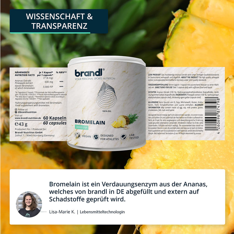 Bromelain In High Doses | Natural Enzymes From Pineapple By Brandl | 3,000 Fip Per Capsule | Also Ideal For Athletes | 60 Pieces Bromelain Capsules Each With 600Mg Pineapple Enzyme - NewNest Australia