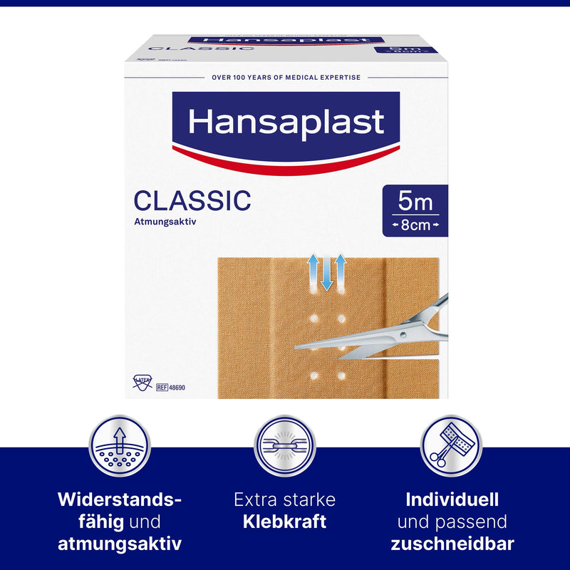 Hansaplast Classic plaster (5 m x 8 cm), cuttable wound plaster with extra strong adhesive power, flexible and breathable bandage material 1 piece (pack of 1) 5m x 8cm - NewNest Australia