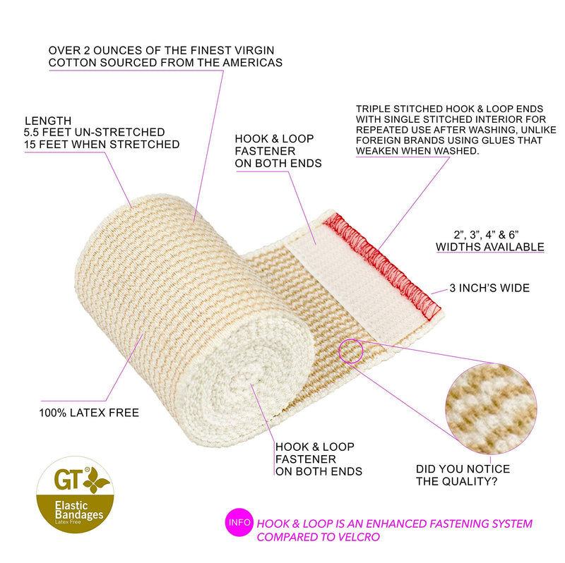 Premium Elastic Bandage Wrap Made of USA Grown Organic Cotton - Hook & Loop Fasteners at Both Ends - GT Latex Free Hypoallergenic Compression Roll for Sprains & Injuries (3" Wide, 2 Pack) 3" Wide - NewNest Australia