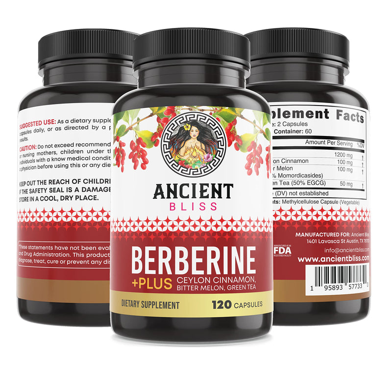 Ancient Bliss Berberine HCL 1200mg with Ceylon Cinnamon, Bitter Melon, and Green Tea Extract - 120 Capsules - Supports Insulin, Glucose Metabolism, Immune System - Blood Sugar Support - NewNest Australia