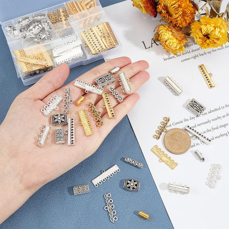 PH PandaHall 18 Styles Layering Clasp, 166pcs Slide Lock Clasps Multi Strand Necklace Slide On End Clasp Tubes Tibetan Charm Connector Links Jewelry Clasps for Layered Bracelet Necklace Crafts - NewNest Australia