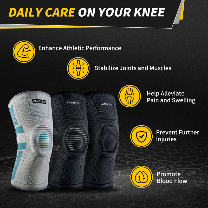 CAMBIVO Knee Support Men Women 2 Pack, Knee Brace with PMMA Side Stabilizers and Patella Knee Pad knee sleeves for Meniscus Tear, Arthritis, ACL, Joint Pain Relief, Running, Volleyball M Black/Gray - NewNest Australia
