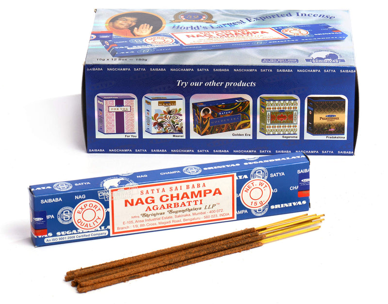 NewNest Australia - Satya Sai Baba Nag Champa Agarbatti Pack of 12 Incense Sticks Boxes 15gms Each Fine Quality Incense Sticks for Relaxation, Meditation, Positivity and Peace 15g*12=180g 