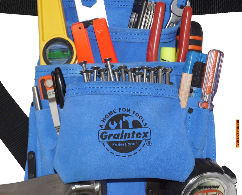 Graintex SS2138 10 Pocket Nail & Tool Pouch Blue Color Suede Leather with 2” Webbing Belt for Constructors, Electricians, Plumbers, Handymen - NewNest Australia