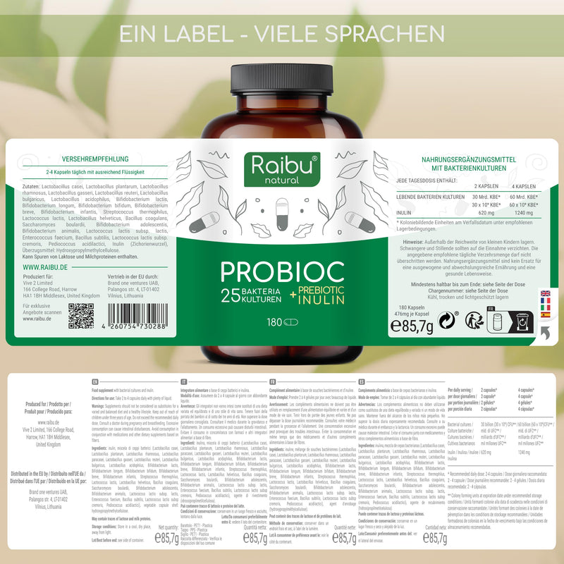 Probioc culture complex with 300 billion CFU/g - 25 bacterial strains with inulin - 180 capsules high dose & enteric resistant - including Lactobacillus & bifidobacteria - NewNest Australia
