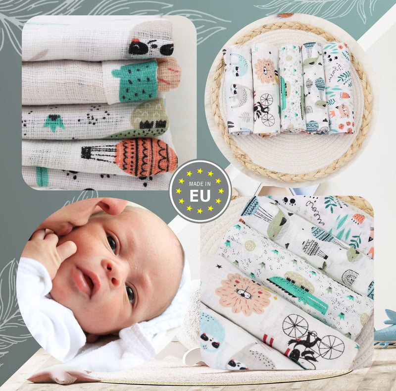 Fensilo Baby Burp Cloths - Muslin Cloths - Cloth Diapers - Pack Of 5 70 X 80 Cm Made In Eu, Tested For Harmful Substances - Burp Cloths Baby Boy Girl Cloth With Cat - Crocodile - White - F5/4 80 X 70 Cm (Pack Of 5) - NewNest Australia
