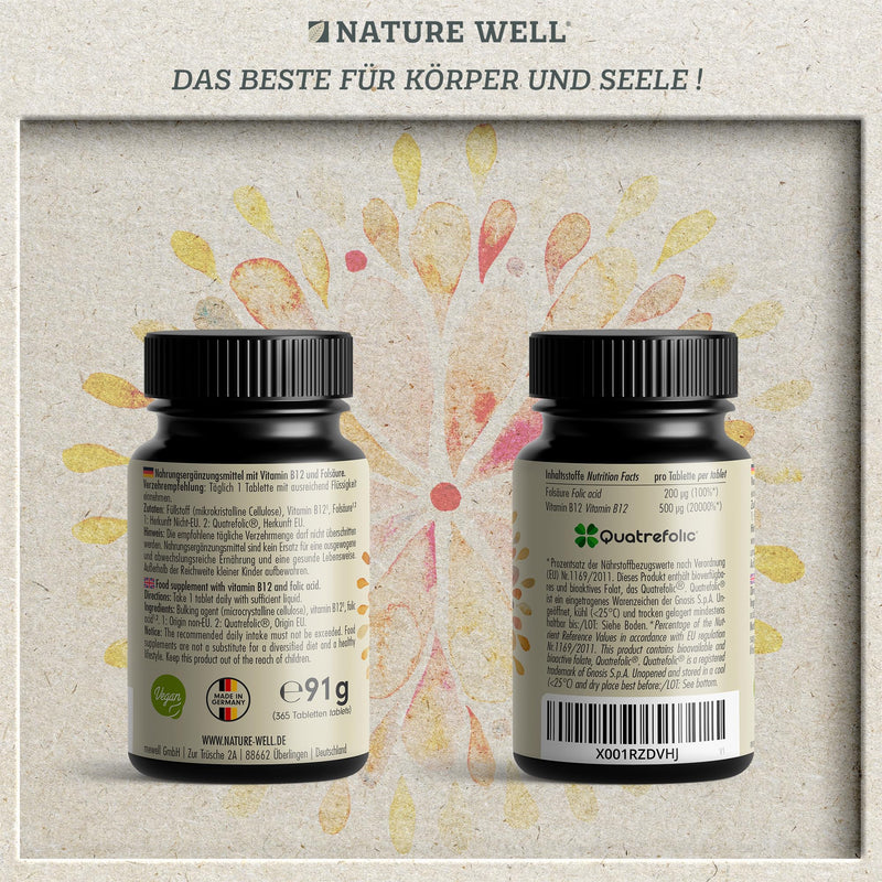 VITAMIN B12 high dose - 365 tablets with 500µg Vit B12 + FOLIC ACID 200µg per tablet - Methylcobalamin, Adenosylcobalamin & Hydroxocobalamin Vit. B12 + bioactive Quatrefolic® folic acid - 100% vegan 1x 365 tablets - NewNest Australia