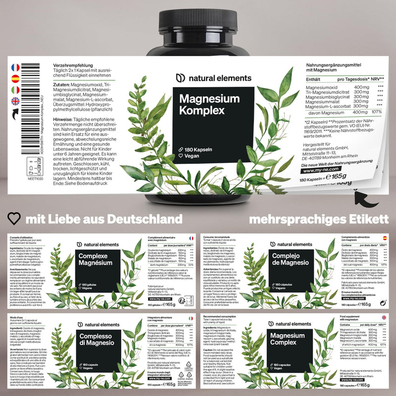 Magnesium Complex - Premium: Made from 5 high-quality compounds - 400mg elemental magnesium per daily dose - laboratory tested, vegan, high dosage - NewNest Australia