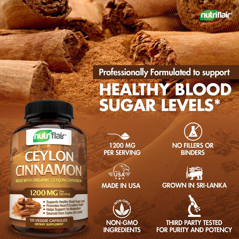 NutriFlair Ceylon Cinnamon (Made with Organic Ceylon Cinnamon) 1200mg per Serving, 120 Capsules - Joint Support, Anti-inflammatory & Antioxidant - True Sri Lanka Cinnamon - NewNest Australia