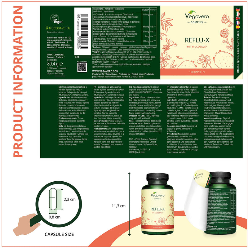 Reflux Complex | Comparison Winner 2023* | 100% Natural | Heartburn | With Mucosave, Olive Leaf Extract, Sodium Alginate & Chamomile | Laboratory Tested | Vegan | German Production By Vegavero - NewNest Australia