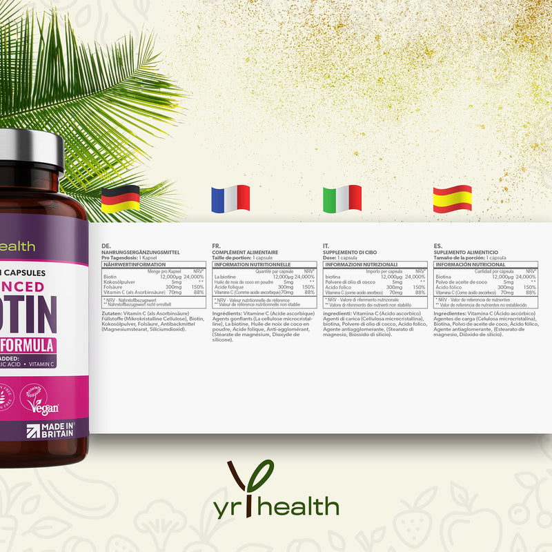 Biotin Hair Growth Supplement 12,000mcg with Coconut Oil, Vitamin C & Folic Acid - 180 Vegan Capsules Hair Vitamin b7 Biotin Nails Hair and Skin for Men and Women - Made in UK by YrHealth - NewNest Australia