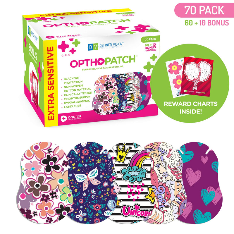 Opthopatch Kids Eye Patches - Fun Girls Design [Series II] - 60 + 10 Bonus Latex Free Hypoallergenic Cotton Adhesive Bandages for Amblyopia and Cross Eye - 3 Reward Chart Posters by Defined Vision - NewNest Australia