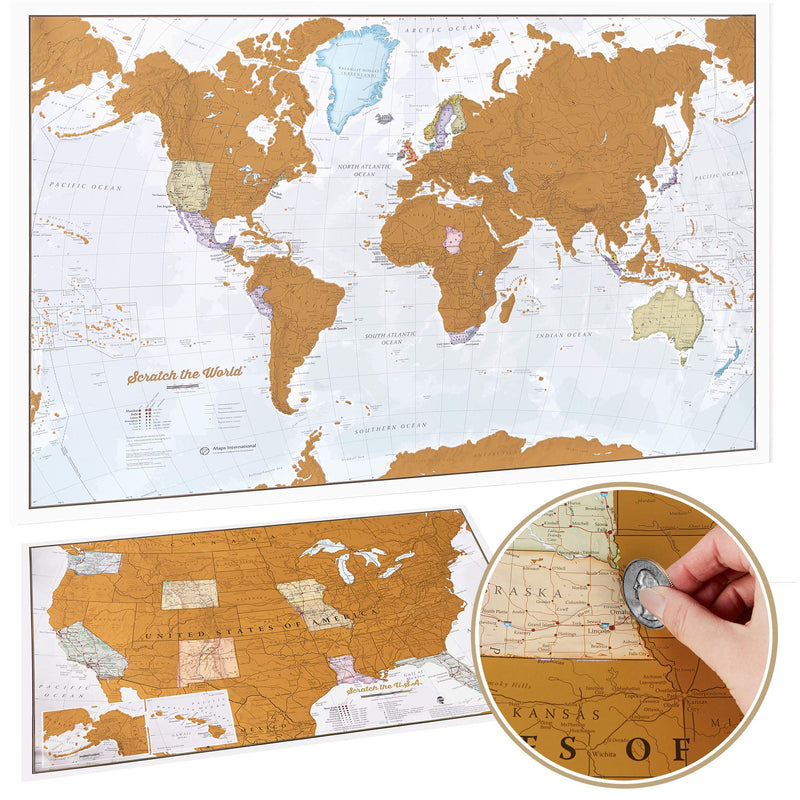 NewNest Australia - Scratch Off Map of The World Poster - Travel Gift + BONUS USA Scratch Map - Maps International - 50 Years of Map Making - Cartographic Detail Featuring Country & State Borders 17 x 22 Scratch the World + Bonus USA Map 