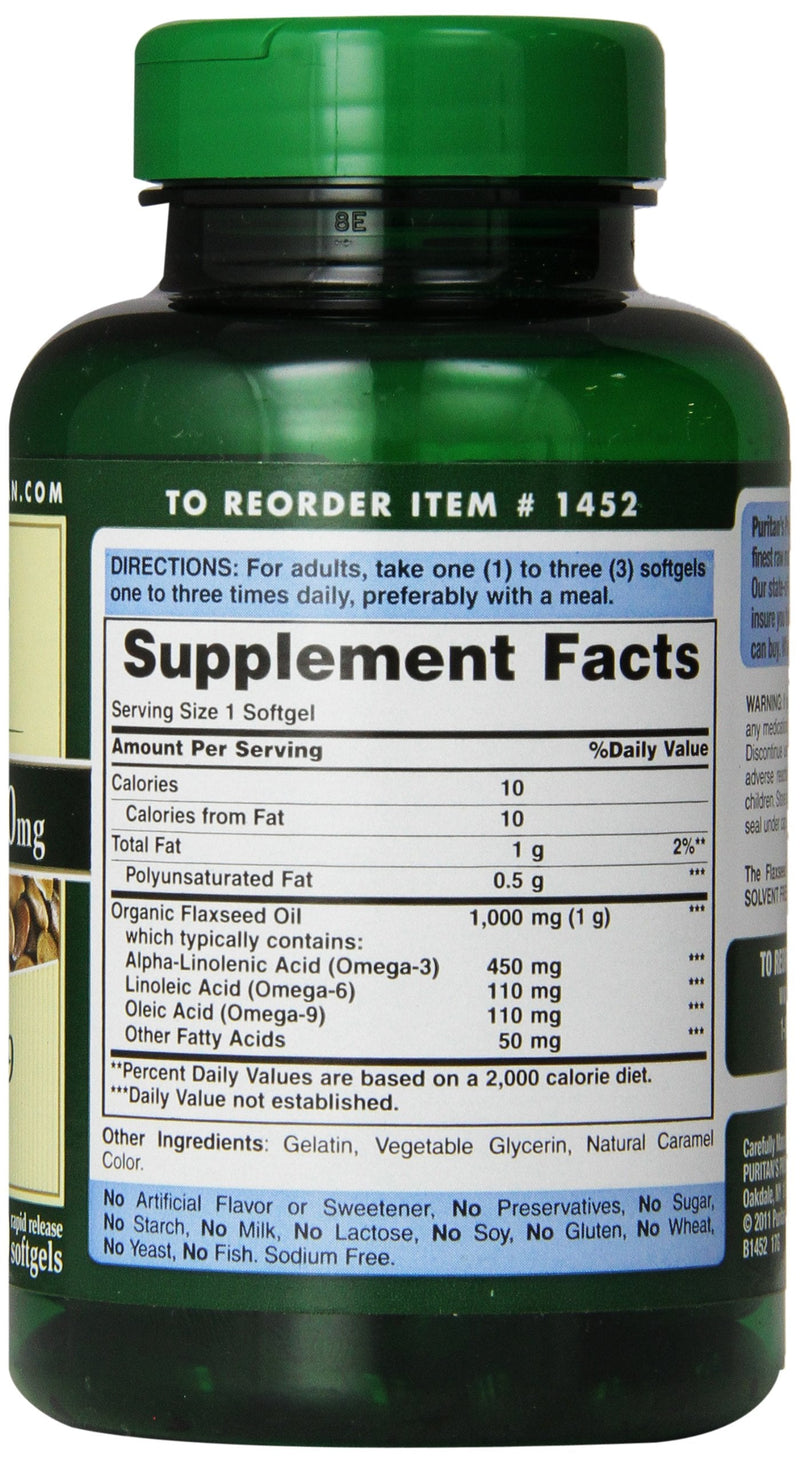 Puritan's Pride Premium Natural Flax Oil 1000 mg Omega-3, 6 & 9 Cold Pressed, 120 Softgels - NewNest Australia