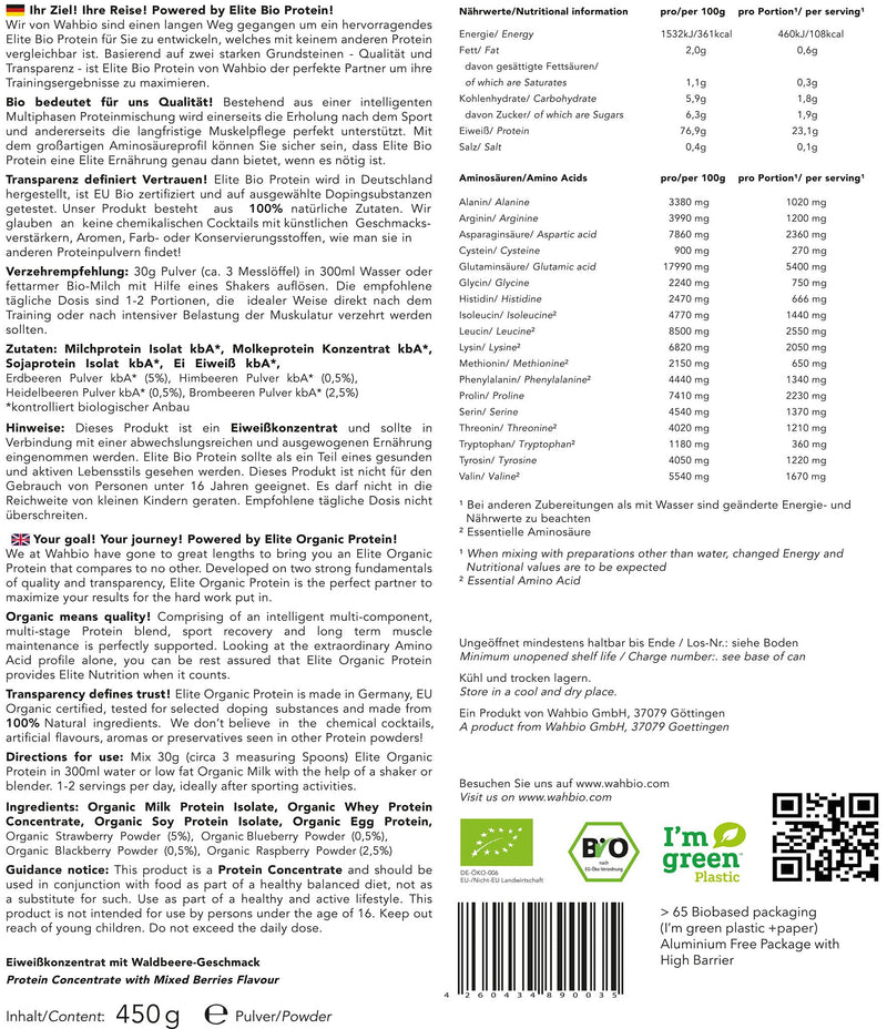 Wahbio 100% Organic Whey Protein - Powder With Wild Berry Flavor (450 G) - 4 Components Organic Protein Powder (Whey, Casein, Egg And Soy Components) Without Sugar, Sweeteners And Additives - NewNest Australia
