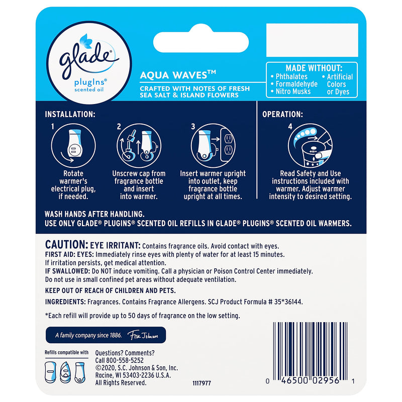 Glade PlugIns Refills Air Freshener, Scented and Essential Oils for Home and Bathroom, Aqua Waves, 1.34 Fl Oz, 2 Count - NewNest Australia