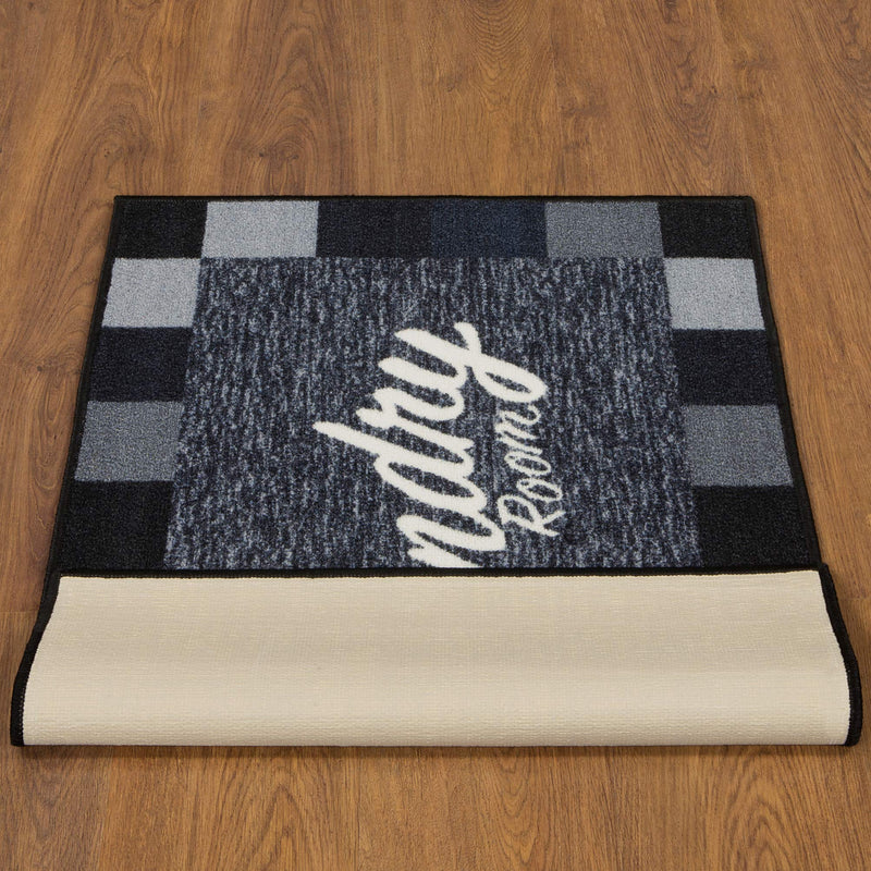 Ottomanson Laundry Collection Checkered Border Rubberback Mat, 2'3" x 3', Black 2'3" x 3' Black Checkered - NewNest Australia