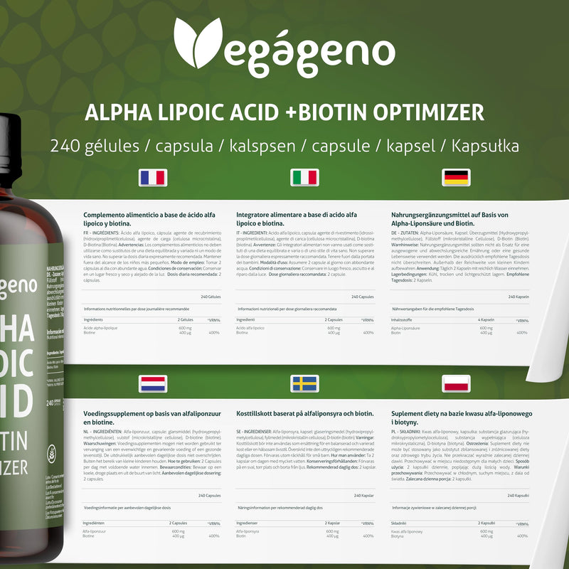 Alpha Lipoic Acid (ALA) + BIOTIN Optimizer, High Bioavailability, Natural Antioxidant, Gluten Free, GMO Free, 100% Vegan, Strengthens Skin, Nails & Hair, 240 Vegetarian Capsules, 4 Month Supply - NewNest Australia
