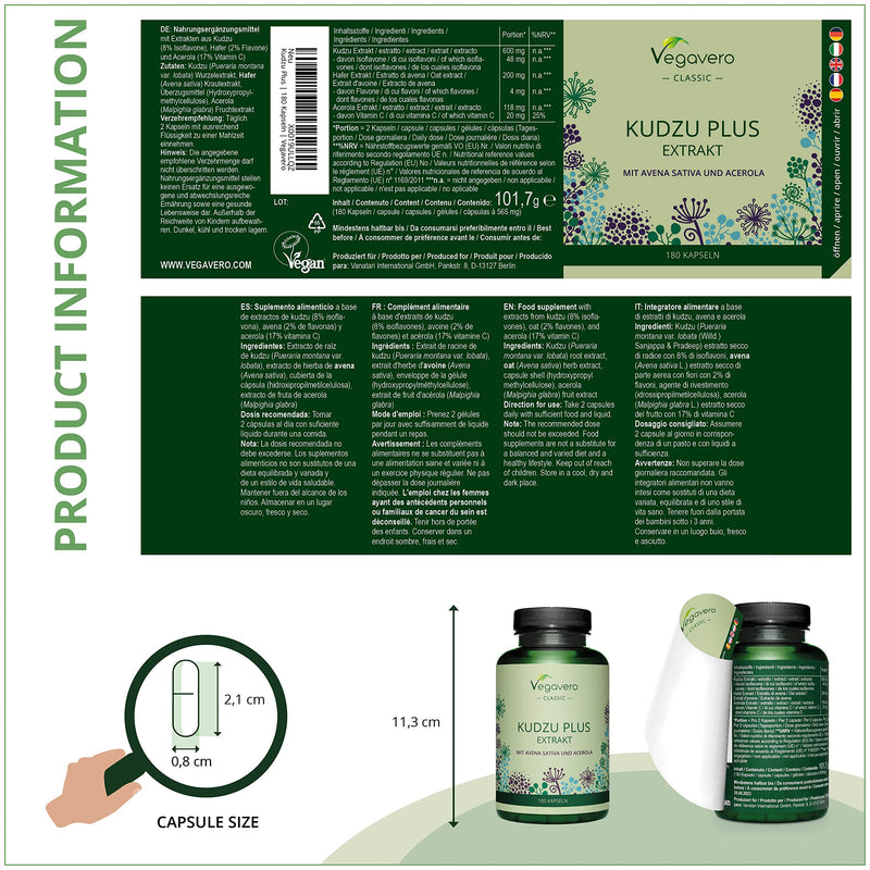 Kudzu Plus Vegavero® | High Strength Root Extract | 8% Isoflavones | 180 Capsules (3 Months Supply) | 600 mg with Avena Sativa (Oat Extract) & Vitamin C | Vegan & NO Additives - NewNest Australia