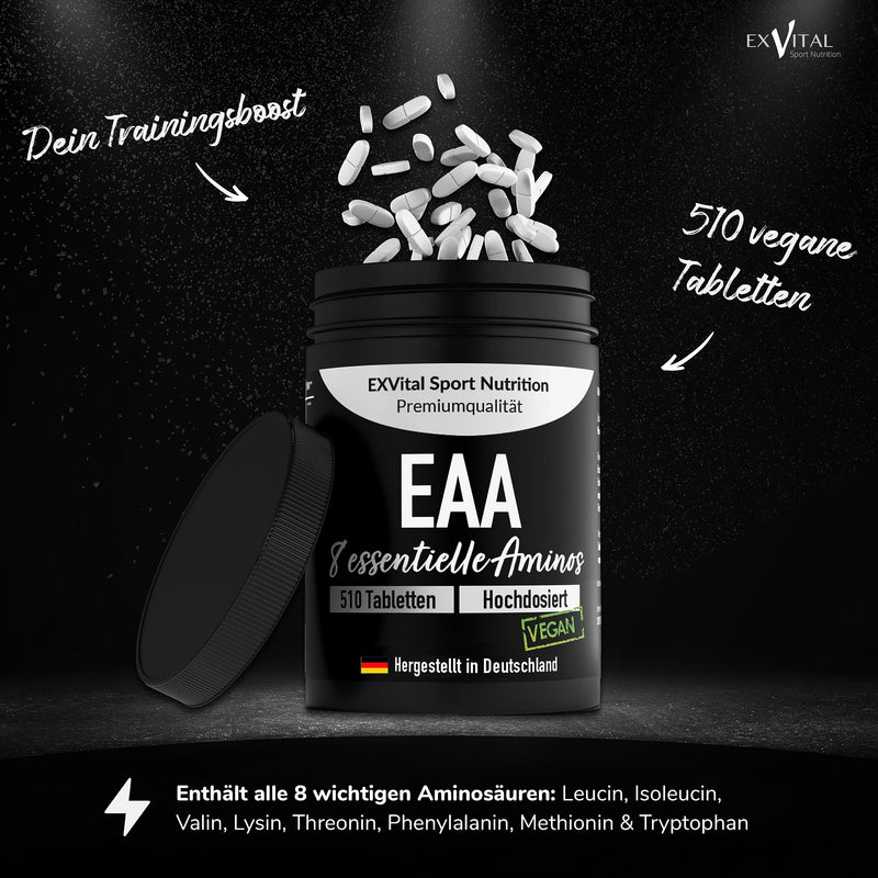 EXVital EAA tablets with 1036 mg per tablet - 510 tablets, all 8 essential amino acids EAAs - multi amino high dose - vegan - bottled in Germany - without additives - NewNest Australia