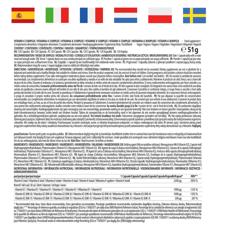 High-dose & vegan vitamin K complex, K1 1,000 mcg + K2 menaquinone (1,000 mcg MK4 + 200 mcg MK7), 120 capsules for 4 months, best bioavailability, Made in Germany - NewNest Australia
