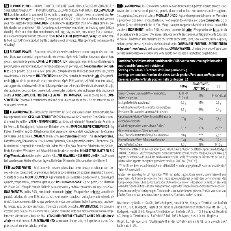 Biotechusa Flavor Power, Flavored Table Sweetener Powder, Sucralose-Based No Added Sugar, Gluten And Palm Oil Free, With Inulin, 160 G, Coconut White Chocolate - NewNest Australia