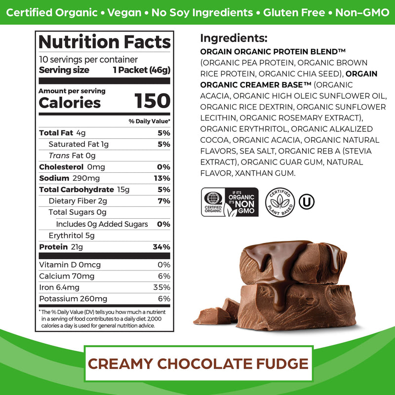 Orgain Organic Plant Based Protein Powder Travel Pack, Creamy Chocolate Fudge - 21g of Protein, 6g of Fiber, No Dairy, Gluten, Soy or Added Sugar, Non-GMO, 10 Count 10 Count Travel Pack Chocolate - NewNest Australia