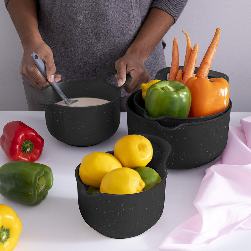 NewNest Australia - Cook with Color Mixing Bowls - 4 Piece Nesting Plastic Mixing Bowl Set with Pour Spouts and Handles (Speckled Black) Speckled Black 