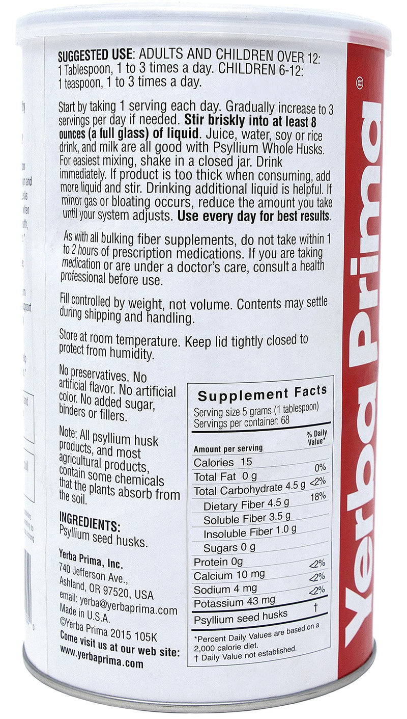 Yerba Prima Psyllium Husk, 12 Ounce - Colon Cleansing Fiber Supplement, for Heart Health, Natural Support for Gut Health, Vegan, No Sugar or Artificial Sweeteners, Non GMO, Gluten Free - NewNest Australia