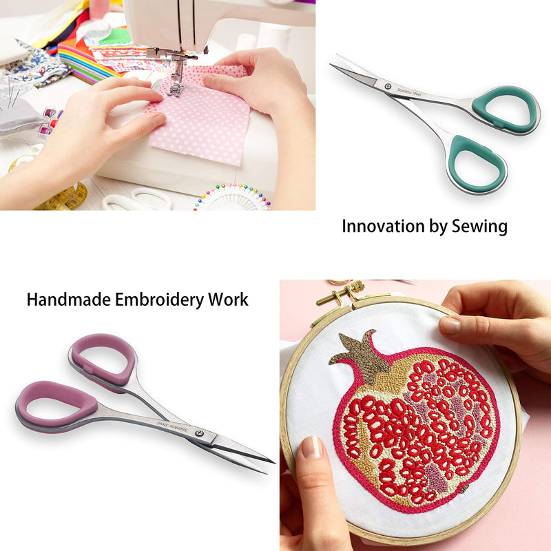 PAFASON 4" Stainless Steel Curved & Straight Embroidery Scissors Set with Premium PU Leather Cover Rubber Ring Handle Perfect for Cross Stitch Crochet Knitting Quilting Thread Yarn Sewing Cutting Green+Pink - NewNest Australia