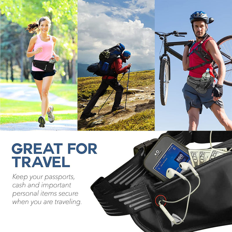 Athle Running Fanny Pack with Water Bottle Holder - Adjustable Run Belt Storage Pouch with Zipper Pocket For Sports and Travel – 360° Reflective Band – Fits iPhone Plus, Galaxy Note Black/Silver - NewNest Australia