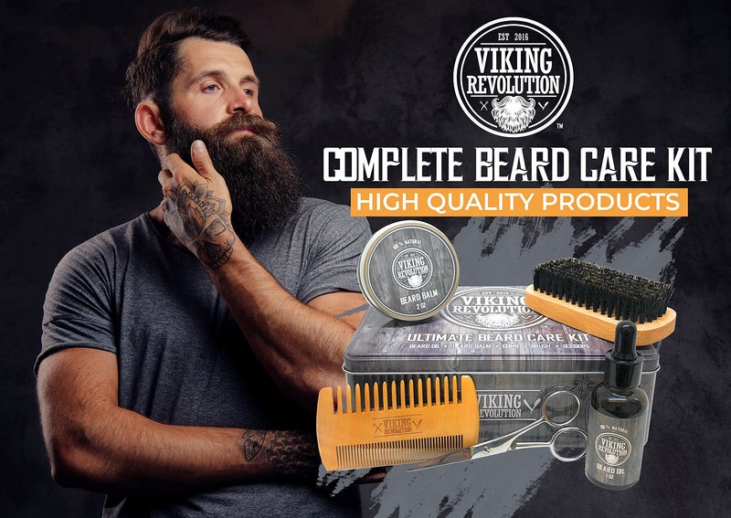 Viking Revolution Beard Care Set for Men - Ultimate with 100% boar bristles beard brush, wooden beard comb, beard balm, beard oil, mustache & beard scissors - NewNest Australia