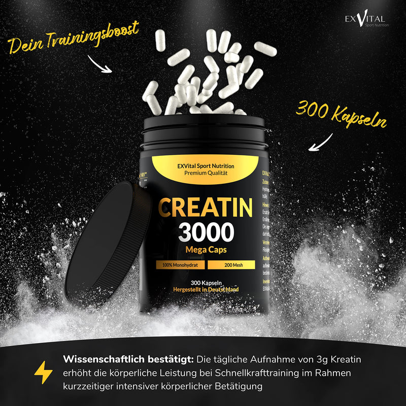 Creatine 3000 Mega Caps, Workout Booster, 3000 mg Creatine Monohydrate per Daily Dose, 300 Vegan Capsules, 100% Pure with Mesh Factor 200 - Halal & Vegan - NewNest Australia