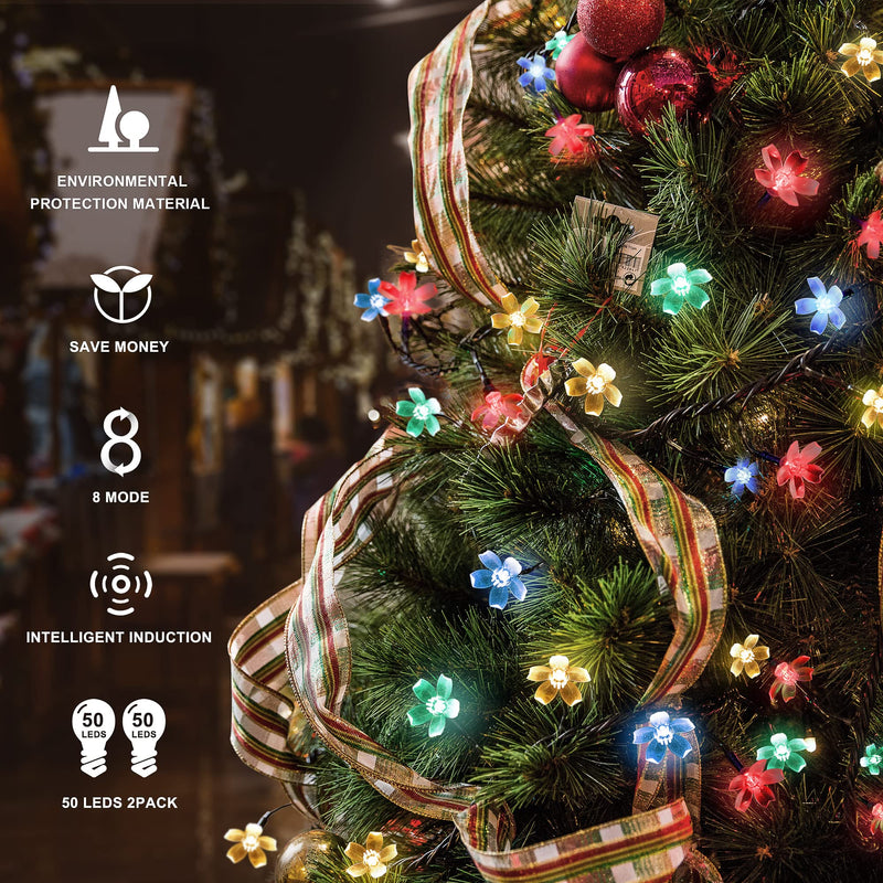 Solar Christmas String Lights by HEYFUNi,2 Pack 21FT 50LED Multicolor Cherry Blossom Outdoor Lights, 8 Modes Color Changing, IP44 Waterproof, Auto on/Off Function,Multicolor Cherry Flower - NewNest Australia