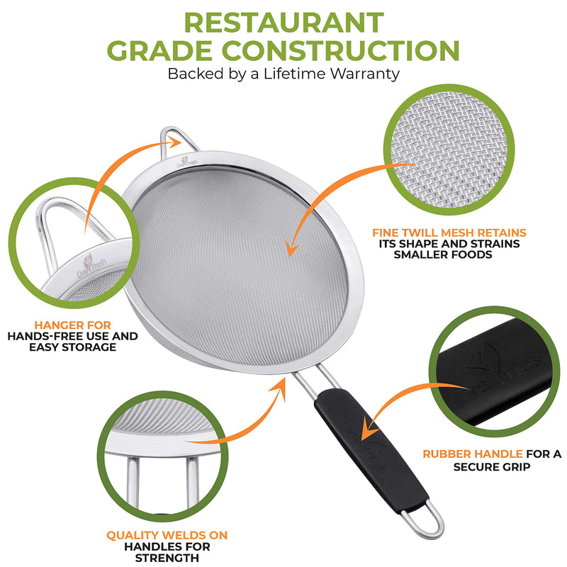 LiveFresh Food Strainer Set - Premium Fine Stainless Steel Fine Mesh Set of Strainers, Colanders and Sifters Crafted for Quinoa and More with Comfortable Non Slip Handles - Set of 3 - NewNest Australia