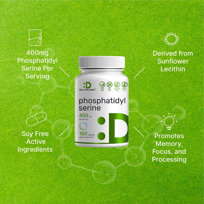 Phosphatidylserine 400mg Per Serving, 150 Capsules, Soy Free, Derived from Sunflower Lecithin | Third Party Lab Tested for Purity - Advanced Brain Health Nootropic Supplement - NewNest Australia